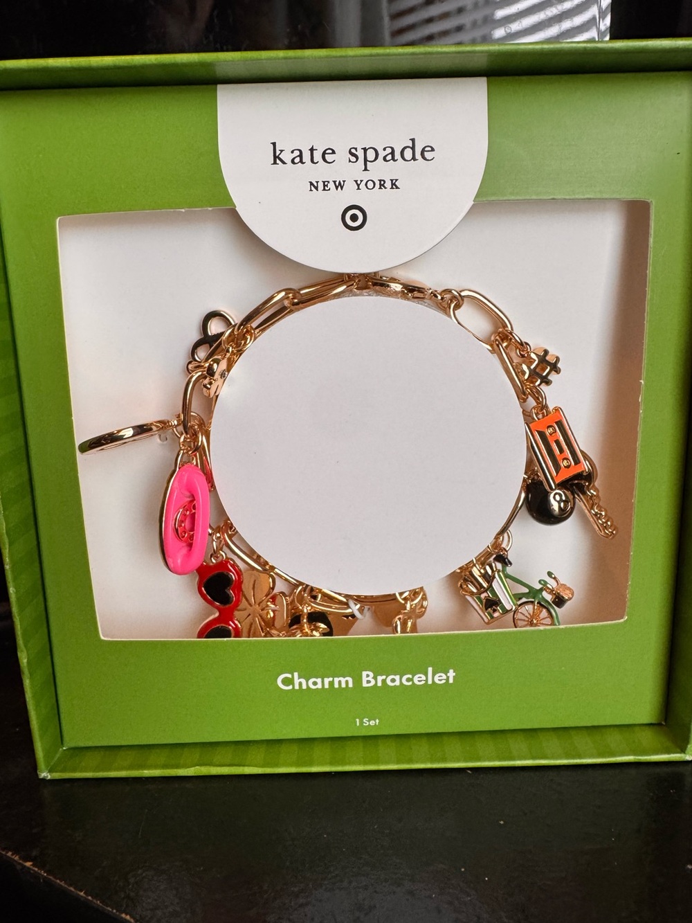 kate spade Gold Charm Bracelet with Pink and Green Enamel Charms